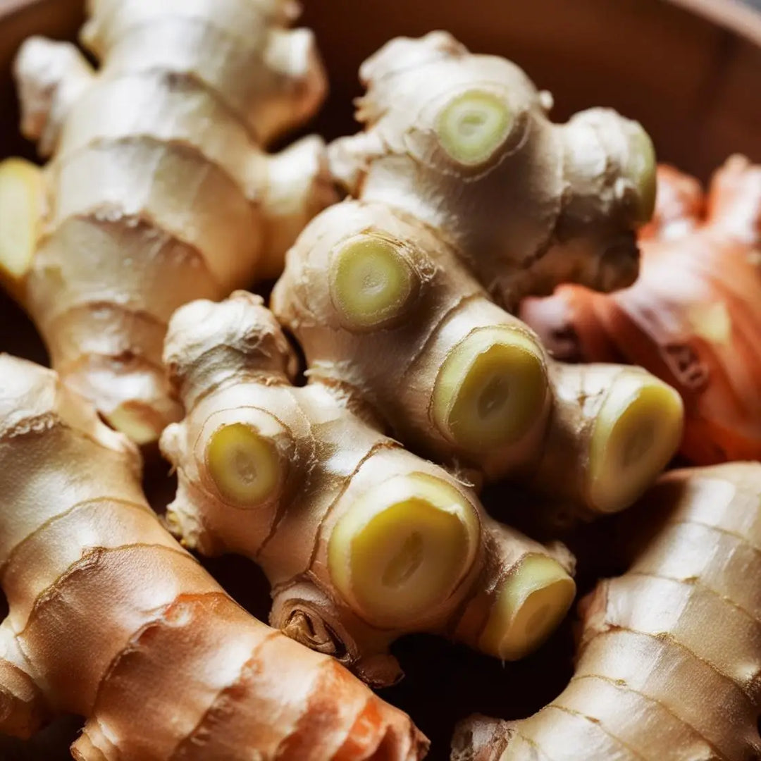 Fresh ginger root and slices with green leaves on a wooden surface to aid digestion.