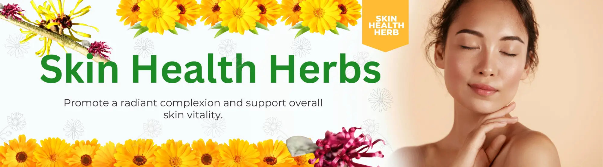 Banner promoting skin health herbs featuring vibrant yellow flowers and informative text.