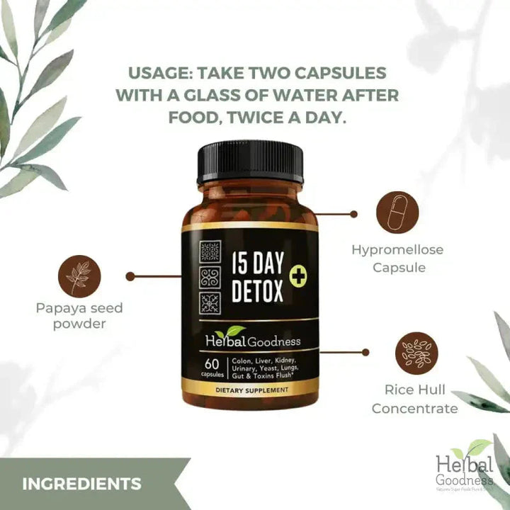 15 Day Detox - Capsules 60/600mg - Supports Healthy Colon & Kidney Cleanse - Herbal Goodness Capsules Herbal Goodness 