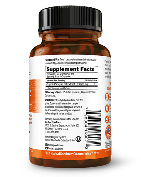 Papaya Leaf Extract - Capsules 600mg - 10X Strength - Boost Platelets, Digestion & Immunity - Herbal Goodness