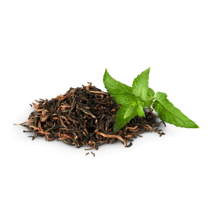 Loose black tea leaves with fresh mint, supports heart health in Bulk Teas and Tisanes