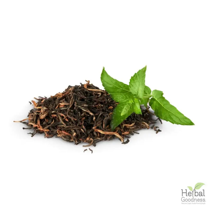 Loose black tea leaves with fresh mint, supports heart health in Bulk Teas and Tisanes