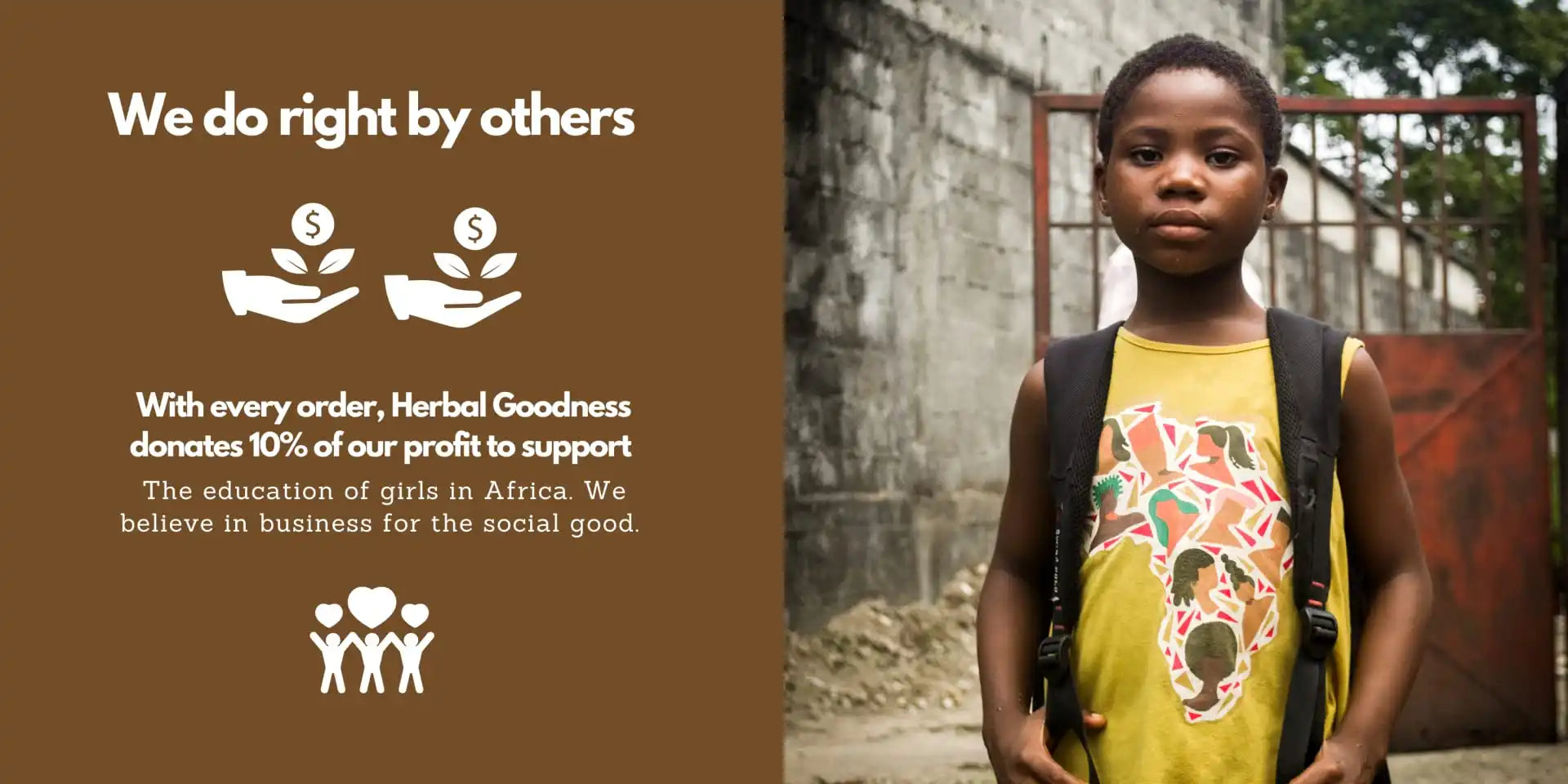 Marketing image showing a charitable giving message alongside a portrait photo, with text indicating 10% of profits are donated to support African communities.