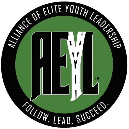 Circular green and black logo for ’Alliance of Elite Youth Leadership’ with ’AEYL’ text and ’Follow. Lead. Succeed.’ tagline.