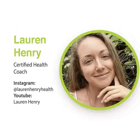 A circular profile photo of a health coach with social media handles displayed alongside.