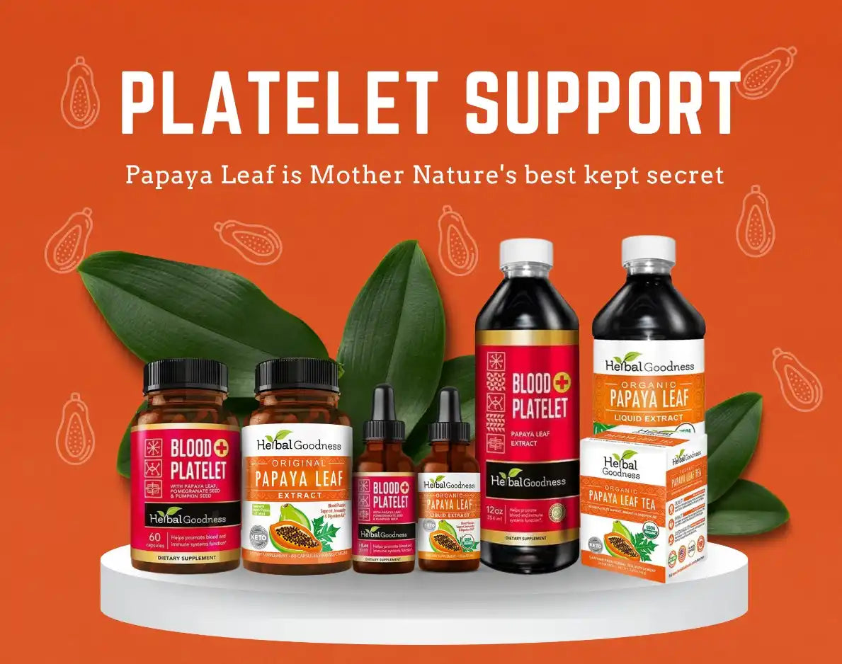 Collection of papaya leaf supplement products in various forms including bottles and boxes.