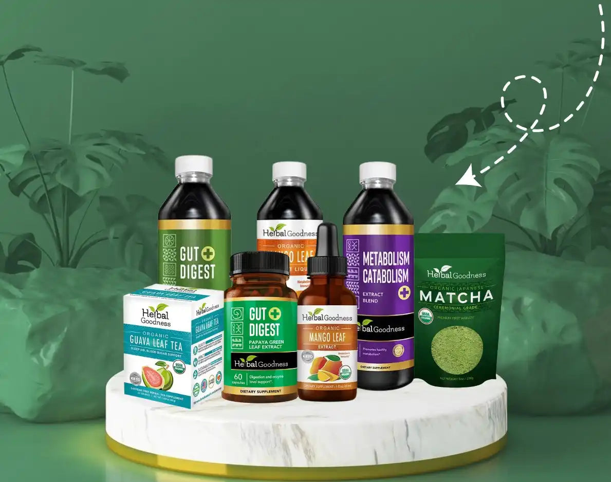 Collection of wellness supplements and tea products displayed on a white circular platform.