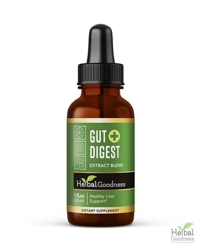 Brown glass dropper bottle with Gut Digest label from Herbal Goodness for digestive health bundle