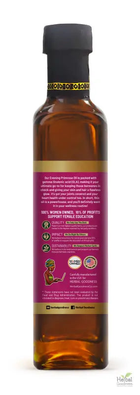 Amber Liquid in Glass Bottle with Purple Label - Evening Primrose Oil Herbal Goodness