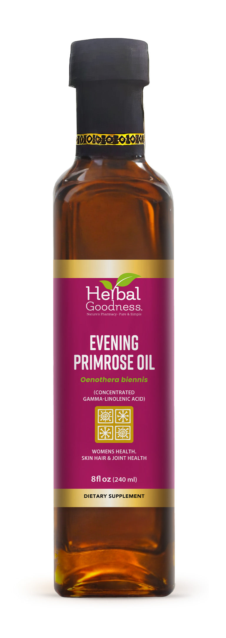 Bottle of Evening Primrose Oil Oenothera biennis with pink and black label, 8oz