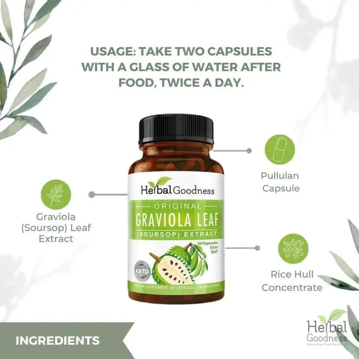 Graviola (Soursop) Leaf Extract - Capsules 60/700mg - Healthy Cell Function, Immunity & Relaxation - Herbal Goodness Capsules Herbal Goodness 