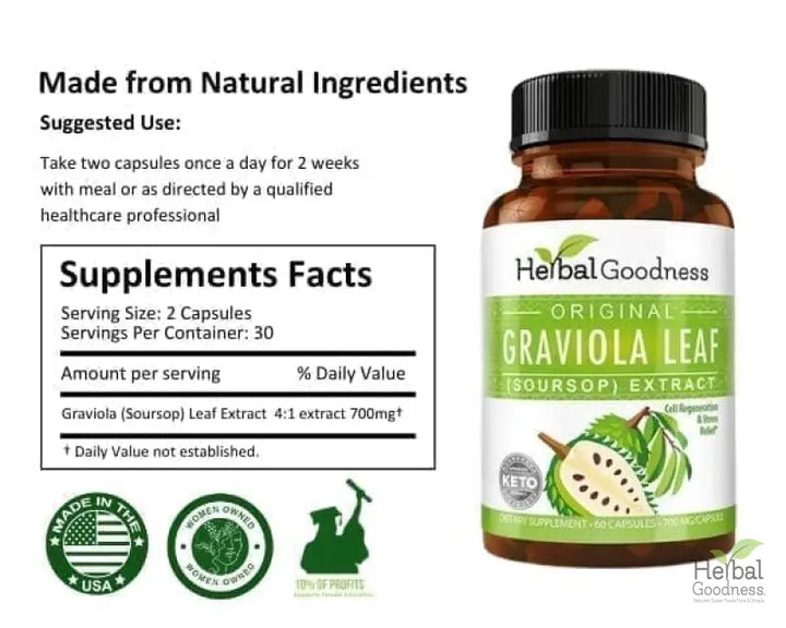 Graviola (Soursop) Leaf Extract - Capsules 60/700mg - Healthy Cell Function, Immunity & Relaxation - Herbal Goodness Capsules Herbal Goodness 