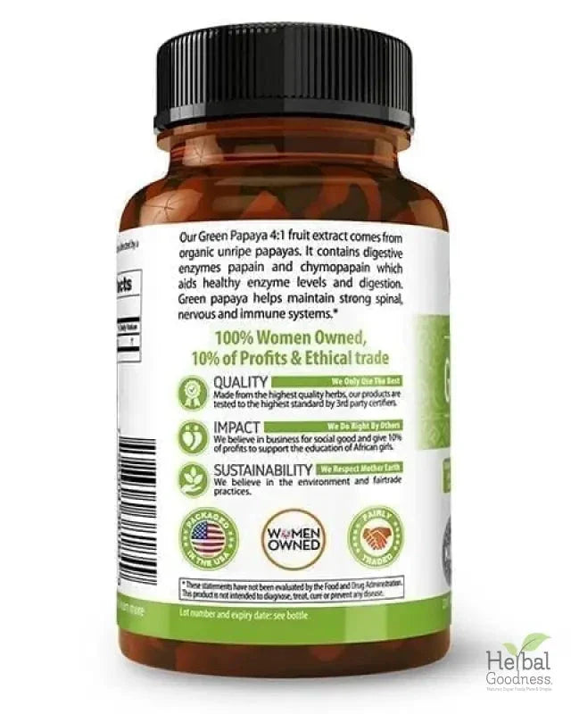 Green Papaya Fruit Extract - Capsules 60/600mg - 4X Strength - Digestion & Enzyme Level Support - Herbal Goodness Capsules Herbal Goodness 