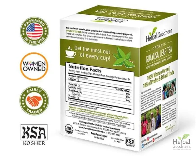 Guayusa Leaf Extract - Organic - Tea 24/2g - Energy, Focus & Alertness - Herbal Goodness - Herbal Goodness