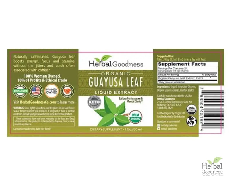 Guayusa Leaf Extract - Organic - Tea 24/2g - Energy, Focus & Alertness - Herbal Goodness - Herbal Goodness