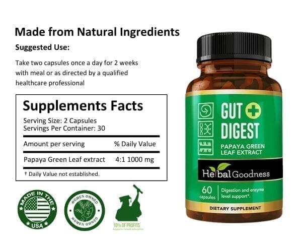 Gut Digest - Papaya Green Fruit Extract - 60/600mg-Digestion and Enzyme Level Support-Herbal Goodness Capsules Herbal Goodness 