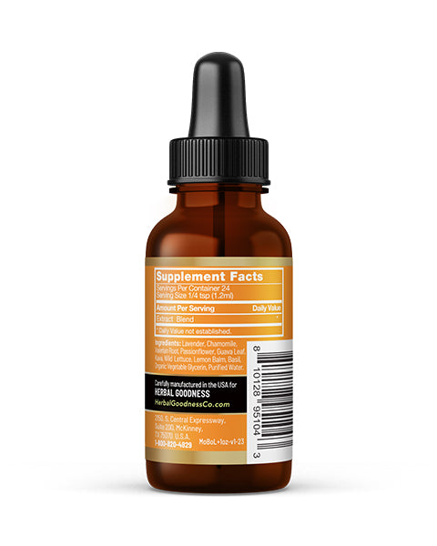 Amber glass dropper bottle of Mood Boost Extract Blend for herbal goodness and relaxation