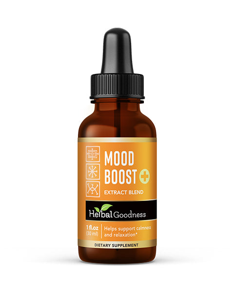 Amber glass dropper bottle labeled Mood Boost from Herbal Goodness for relaxation and calm