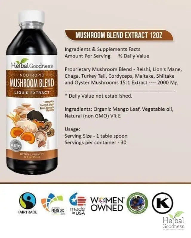 Mushroom Blend Extract - Brain Boost, Nootropic Health, Joint & Immunity - Herbal Goodness Liquid Extract Herbal Goodness 