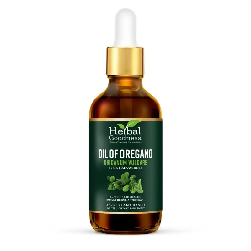 Bottle of Oil of Oregano supplement with dropper cap, known for its health benefits