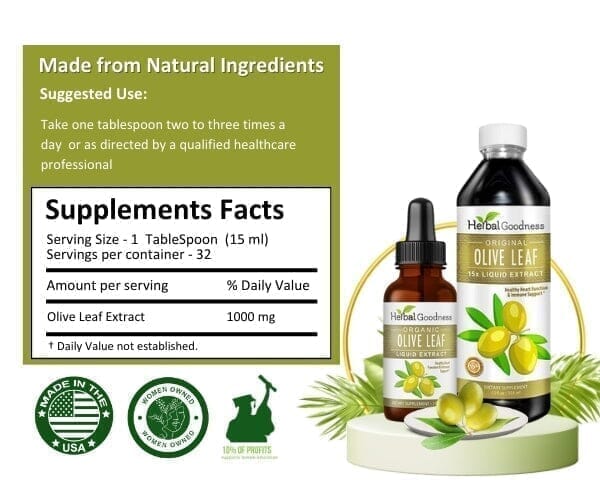 Olive Leaf Extract Liquid - 15X Strength - Healthy Heart Function & Immune Support - Herbal Goodness Liquid Extract Herbal Goodness 