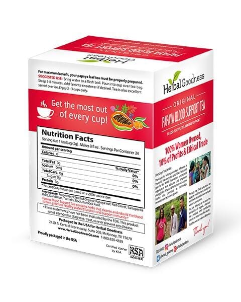 Papaya Blood Support Tea - 24/2g Blood Cleanse, Platelet & Immune Support - Herbal Goodness Tea & Infusions Herbal Goodness 