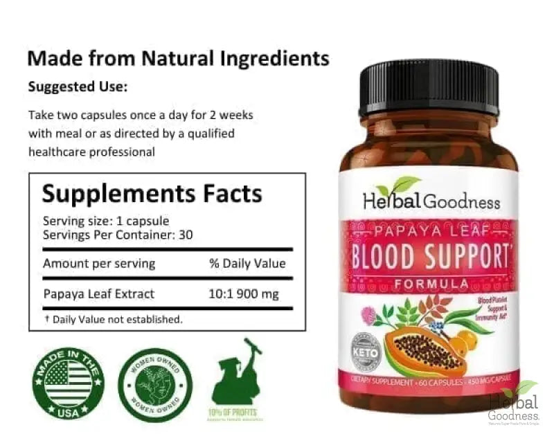 Papaya Leaf Extract Blood Support - 450mg/60 Capsules - Healthy Platelets - Herbal Goodness Capsules Herbal Goodness 