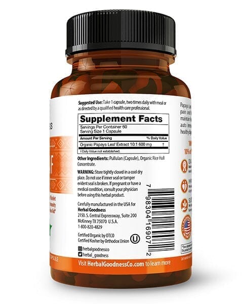 Papaya Leaf Extract - Capsules 600mg - 10X Strength - Boost Platelets, Digestion & Immunity - Herbal Goodness Capsules Herbal Goodness 