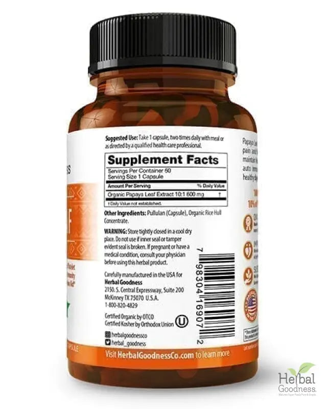 Papaya Leaf Extract - Capsules 600mg - 10X Strength - Boost Platelets, Digestion & Immunity - Herbal Goodness Capsules Herbal Goodness 