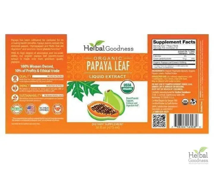 Papaya Leaf Extract - Organic - Liquid - 16oz - Platelets, Digestion & Immunity - Herbal Goodness Liquid Extract Herbal Goodness 