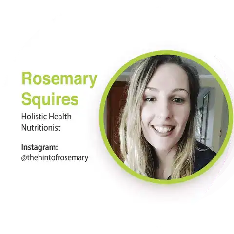 A professional profile photo with a green circular border and text showing credentials for a holistic health nutritionist.